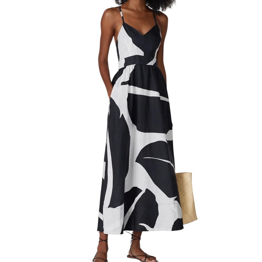 The Odells Micro Bare Back Linen Dress Black White Abstract Leaf Print Midi XS
